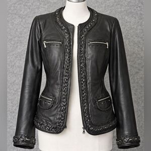 Pamela McCoy Black Braided Leather Jacket XS